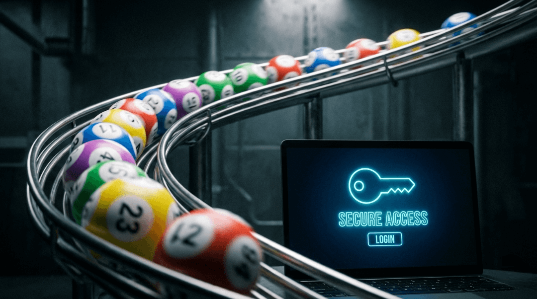 Bola lotto yang berwarna-warni sedang berlomba di lintasan, dengan layar laptop yang menampilkan area login aman.
