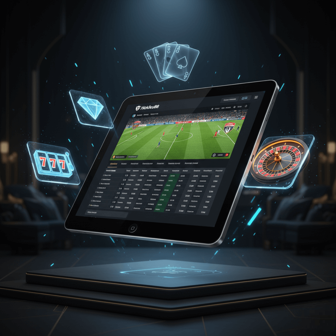 Tablet menampilkan situs Hokiku88 dengan taruhan sepak bola dan ikon game lainnya.