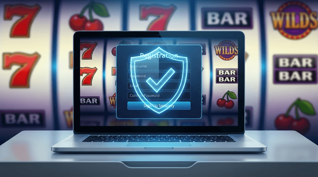 Layar laptop menampilkan formulir pendaftaran slot online yang aman dengan ikon perisai dan centang.