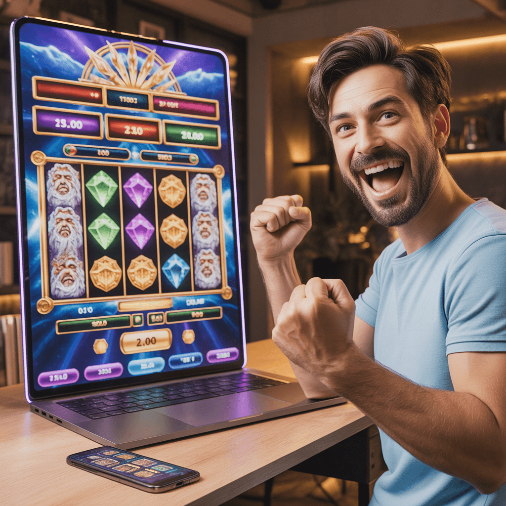 Pemain bersorak merayakan jackpot di Gates of Olympus slot online dengan simbol Zeus dan permata muncul di layar laptop dan smartphone di platform Win11bet