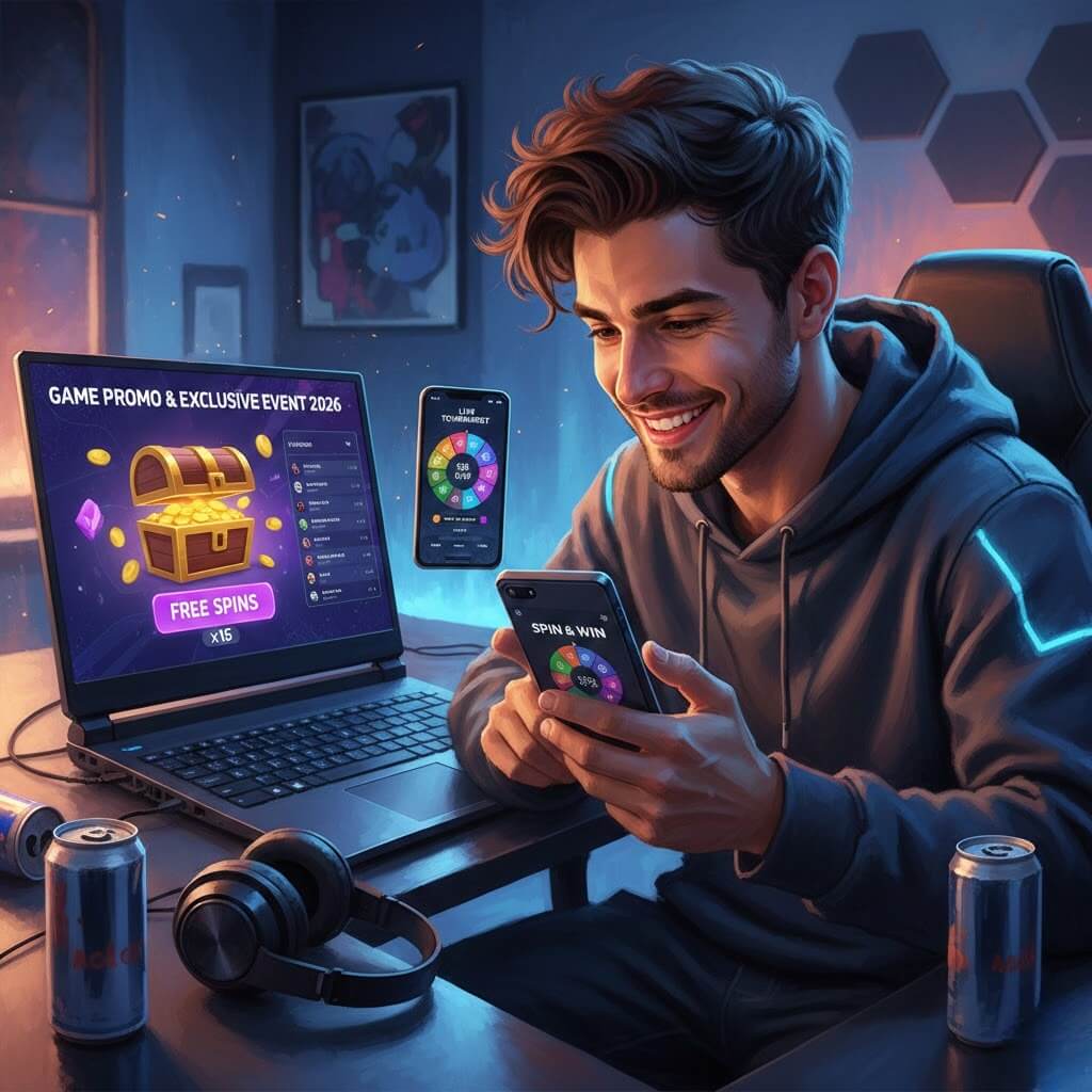 Gamer menikmati promo game dan event eksklusif di laptop dan ponsel