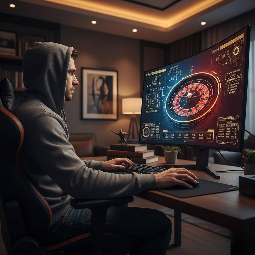 Pemain roulette online menggunakan strategi pola dan statistik di Dewiku88 dengan fokus tinggi, suasana kasino modern, visual realistis.