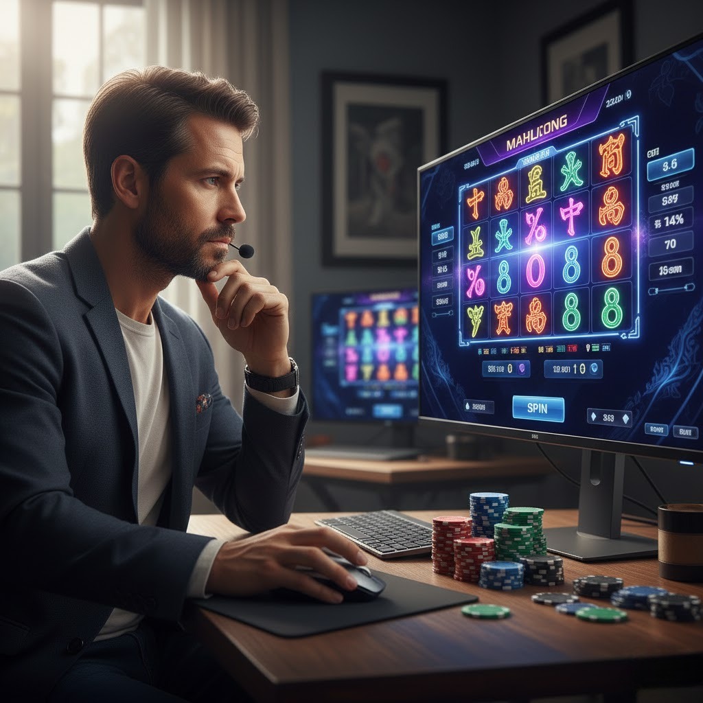 Pemain slot Mahjong di 12hoki sedang menganalisis simbol dan strategi taruhan di layar digital dengan chip di meja, suasana profesional dan realistis